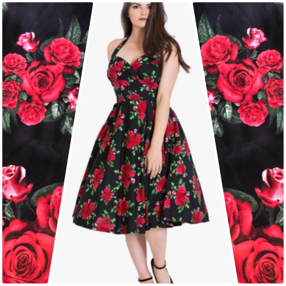 Small NWT Hell Bunny Cannes Retro Romantic Gothic Floral Rose Halter Dress
